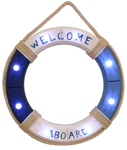 Operitacx Dekorativer LED Rettungsring 45cm mit Sommerlicher Nautischer Deko für Wohnzimmer und Café Rustikaler Schmuck Rettungsring als Wanddeko