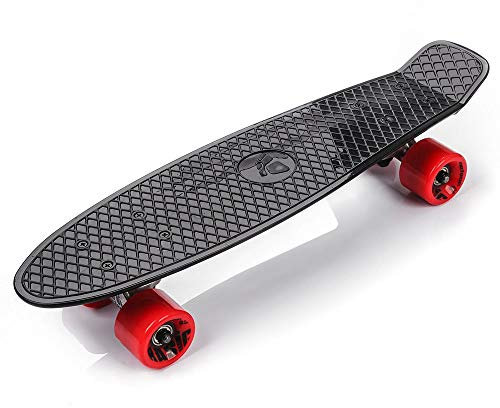 Retro-Skateboard 56 cm, Mini-Cruiser, Kunststoff-Board, perfektes Komplettboard, Vintage-Skateboards, perfekt für Kinder, Jungen, Mädchen, 23660, Schwarz/Rot/Silber
