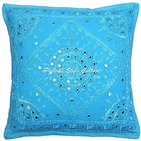 Stylo Culture Décoratif Indienne Housse De Coussin Canapé 40x40 cm Coton Turquoise Brodé en Miroir Carré Fermeture Enveloppe 16x16 inch Bohème Ethnique Taies d'oreiller Chambre - 1 Pièce