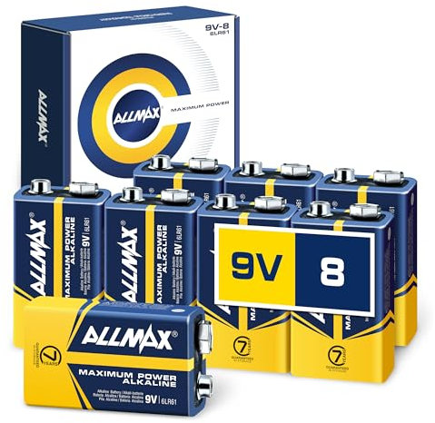 Allmax 9V (6LR61) Maximum Power Alkaline Batteries (8 Count) – Ultra Long-Lasting, Leakproof Design, 7-Year Shelf Life, Maximum Performance, Perfect for Smoke Detectors (9 Volt)