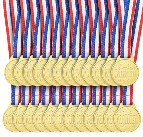 Juvale Gold Medals for Awards & Trophies - 1.5in Diameter, 15.3in Ribbon, 24 Pack - Gold Medals for Kids & Adults - Sports, Academics & Spelling Bees