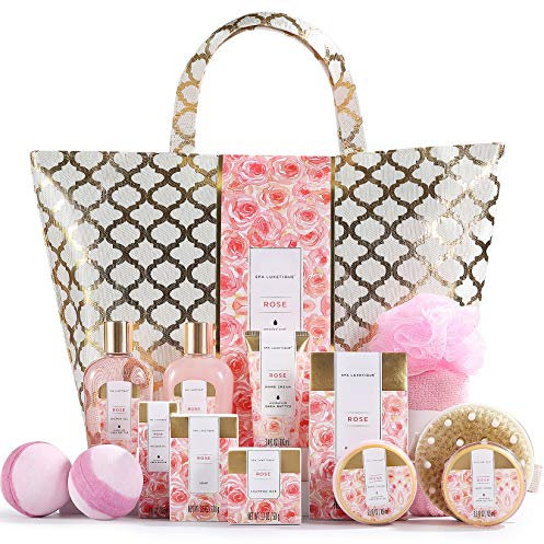Spa Luxetique Set Bagnoschiuma Donna 15 Pezzi alla Rosa con Borsa Tote Confezione Regalo Donna per Bagno Doccia e Idratazione Idea Regalo Mamma per Compleanno Feste San Valentino