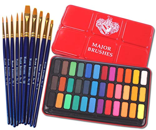 Major Brushes Artist Watercolour Paint 36 Blocks Red Metal Tin plus 10 Synthetic Sable Orange Brush Set - Round, Flat, Filbert