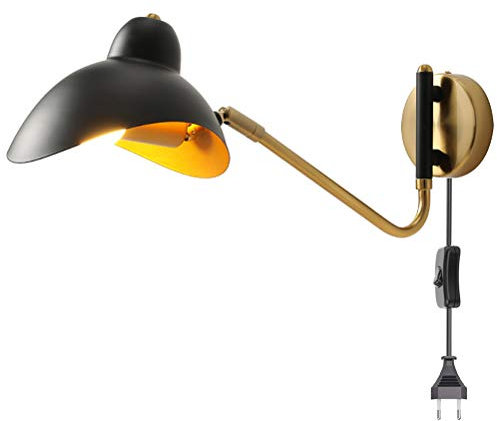 Wandleuchte in Schwarz mit Schalter und Stecker, Industrie Wandlampe Vintage Verstellbare Bettlampe Wand-Leselampen mit Kabel, E27 Innen Leuchten für Wohnzimmer Schlafzimmer Büro