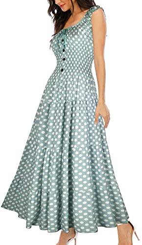 Ärmlös sommarblommig tryckt boho maxi långklänning klänningar för bröllopsgäst, Grön prickig, M