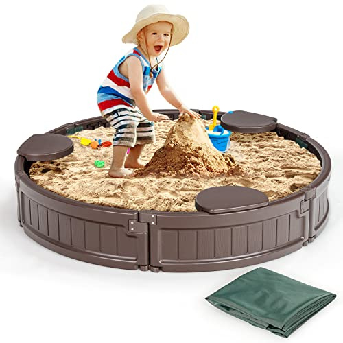 GOPLUS Caja de Arena Redonda de 120 cm, de Polietileno de Alta Densidad con 3 Asientos extraíbles para niños, Resistente a la Intemperie, con Base Oxford y Cubierta para Patio, balcón y jardín