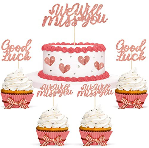 13 Toppers de Pastel de Jubilación We Will Miss You Decoración de Tarta con Purpurina Adorno de Magdalena Brillante de Corazón Palillo de Tarta Good Luck para Cupcake Despedida (Oro Rosa)