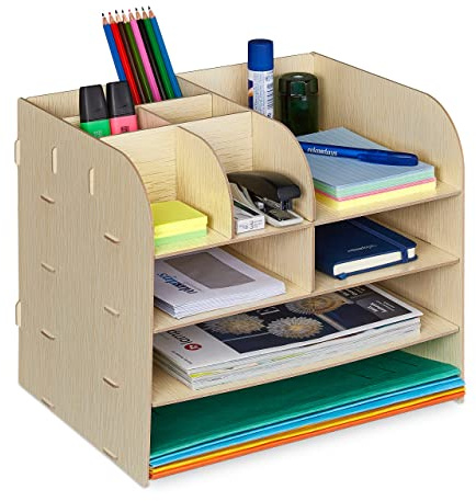 Relaxdays Schreibtisch Organizer mit Dokumentenablage, 10 Fächer, hellbraun | HBT: 27,5 x 32,5 x 25 cm, Büroorganizer MDF