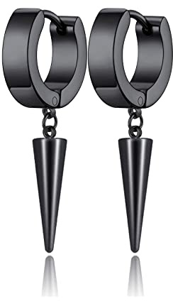 Unisex Punk Hip Hop Stainless Steel Silver Black Gold Tone Lock Thunder Lightning Bolt Dangle Huggie Hoop Earrings Gift for Women Men Boy Teens, 9 millimeters, Stainless Steel, No Gemstone