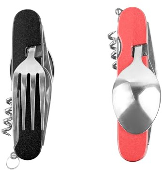 FUZVOL Folding Camping Cutlery Set Stainless Steel Portable Utensil 6 in 1 Multitool Outdoor Tableware for Travel, Hiking, Picnic (2 Pack), Black+Red