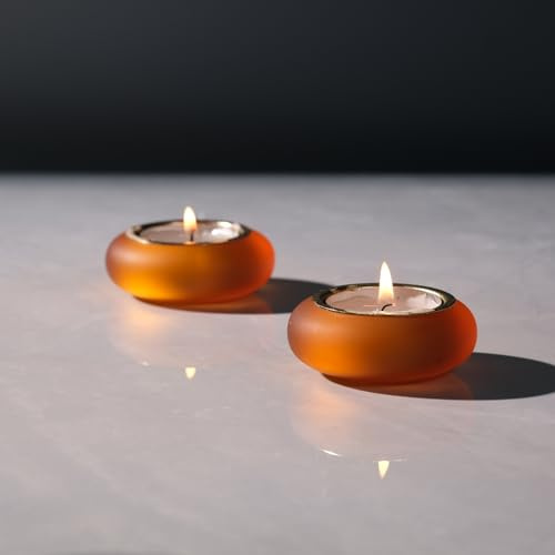 ICNBUYS Handgjord dekorativ kiselsten värmeljushållare, uppsättning av 2, handgjord dekorativ accent för lugnande, jordig, estetisk, orangefärgad matt yta, konstharts, diameter 6,6 cm
