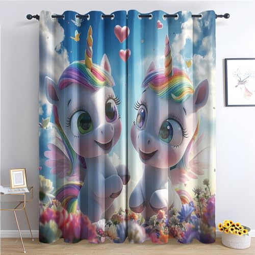 Generisch Vorhänge Einhorn - Mädchen Kinder Süße Fenster Gardinen mit Ösen, Vorhang Blickdicht Verdunklungsvorhänge Thermovorhang für Wohnzimmer Schlafzimmer Deko 2er Set, H 166 x B 75 cm X-&60