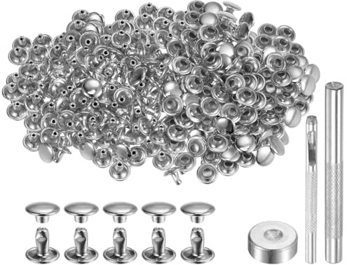 sourcing map 200 Sets Leather Rivets 8mm x 6mm Metal Double Cap Rivet Snaps Studs Fasteners with 3pcs Setting Tools Rivets for Leather Craft DIY Repair Decoration, Silver Tone