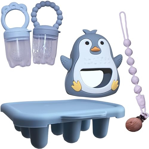 MIMITO 2 fruktsugare frysskål penguin tandleksak pacifier clip, tandvårdset, baby matmatmatare, frysbricka, pacifier collar clip & Teething Toy (blå)