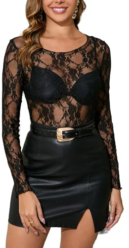 Dosieyeo Damen Sexy Mesh Oberteil Transparentes Netzshirt Spitzen Lamgarmshirt Leicht Clubwear Party Meshbluse zum Fasching schwarz,M