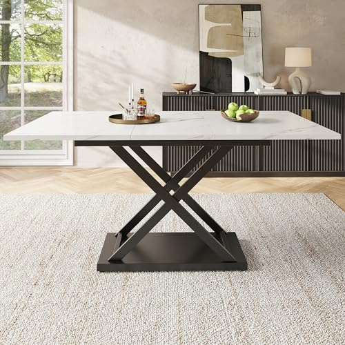 Zepneiy Tavolo da pranzo allungabile (120-160 x 80 x 75 cm), tavolo da cucina per poco spazio, gambe incrociate nere in ferro, bianco (sgabelli non inclusi)
