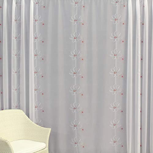 EASYHomefashion Gardine nach Maß maßgefertigte Fertiggardine Voile Store Deko Schal mit Stickerei Modell Garda ROT 205 x 450 cm (HöhexBreite)