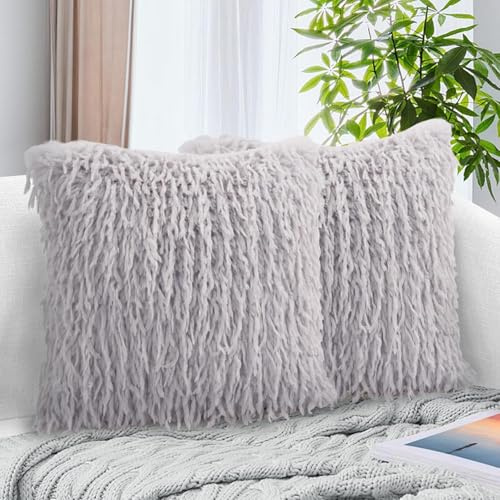 ACUSHLA Fluffy Throw Pillow Covers 45x45 Set of 2 Soft Plush Luxury Faux Fur Decorative Cushion Cases Modern Fuzzy Shaggy Pillowcases for Home Decor Sofa Couch Living Room Bed Chair (Light Grey)