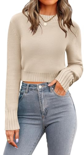 Zeagoo Pullover pour Femmes - Pull court en tricot à col rond et manches longues - Pull d'automne et d'hiver décontracté uni - Tailles S-XXL, marron clair, M