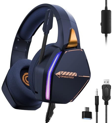 Oniverse Gaming-Headset PS5 PS4 Switch 2 Xbox PC Mac mit verstellbarem Mikrofon, LED, Lautsprecher 50 mm, atmungsaktive Stoffpolster, Stereo, kabelgebunden, Nebula Abyss Blau