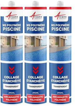 Mastic Piscine, Colle et Étanchéité 290 ml x 3 Transparent | Colle et Joints Étanches Piscine, Carrelage, Mosaïque et Béton, Résiste au Chlore et à l'Eau Salée - Arcane Industries
