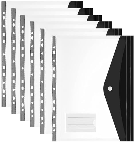 Kunststoffhüllen A4, gelocht, 11 Löcher, erweiterbare Ordner, Ordner für 2/3/4-Ring-Dokumententasche mit Druckknopf und Etikett, lose Blätter, transparent, für Büro, Schule, Zuhause (6 Stück, seitlich