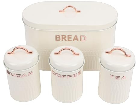 Jiawu Juego de Caja y Recipiente de Pan de Metal Contenedores de Almacenamiento Duraderos para Cocina Café Té Botes de Azúcar para Almacenamiento en la Encimera Ideal para Casas Rodantes y (crema)