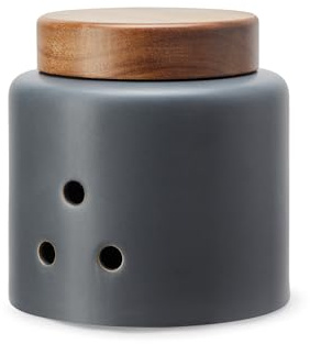 KHG Knoblauchdose 13,5cm x 13cm, Keramik Steingut in Anthrazit Grau mit Holz-Deckel aus Bambus, runde Vorratsdose für Knoblauch mit Luftlöchern, Vorratsbehälter