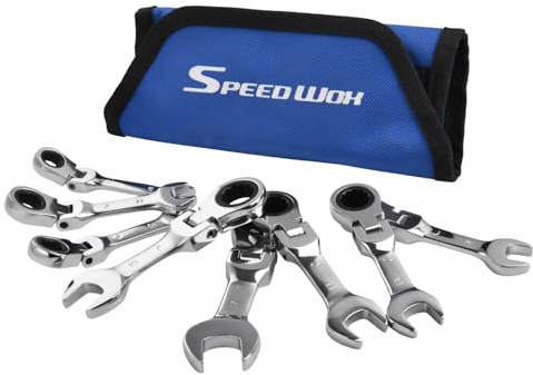 SPEEDWOX 8-teiliges Ratschen-Ringmaulschlüssel-Satz mit Tasche, metrisch 9-17 mm, offener Ende, 72 Zähne, versetzter CRV-Verlängerungsschlüssel, hochglanzpoliert