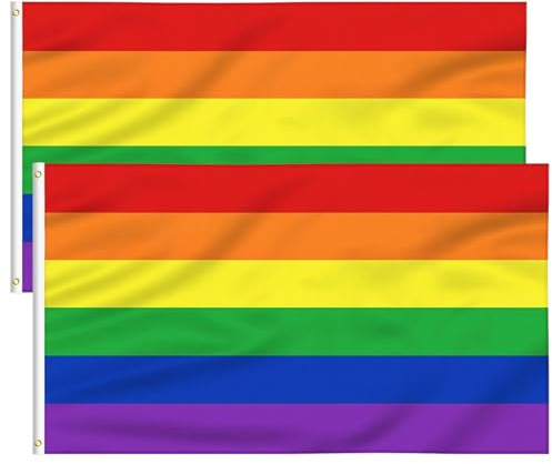 2 Pezzi Bandiera Arcobaleno 90x150 cm, Bandiera Pride LGBT in Poliestere Resistente con Occhielli in Ottone, Grandi Bandiere della Pace per Esterni Manifestazioni e Decorazione Giardino
