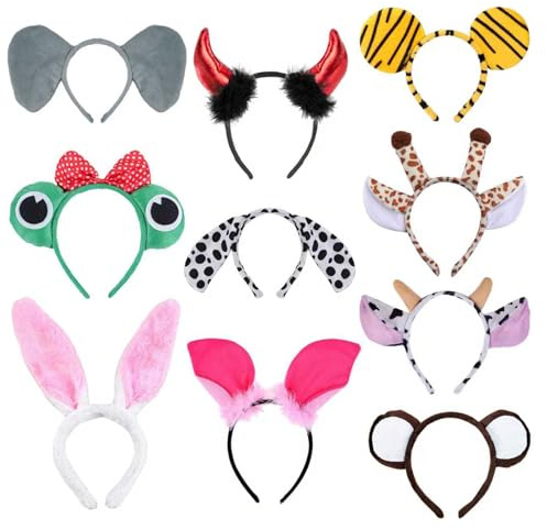 Fuantuda 10 Stück Tier Haarreifen, Tiere Haarbänder Ohren Stirnbänder Giraffe Hund Tiger Hasen Katze Kostüm Zubehör für Erwachsene, Geburtstag Karneval Cosplay Kostüm Accessoire