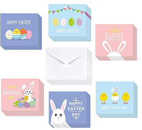 TUPARKA 36 Pack Happy Easter Cards 2022, surtido de tarjetas de felicitación de Pascua, tarjetas de notas de primavera con 36 sobres para niños, 6 diseñados