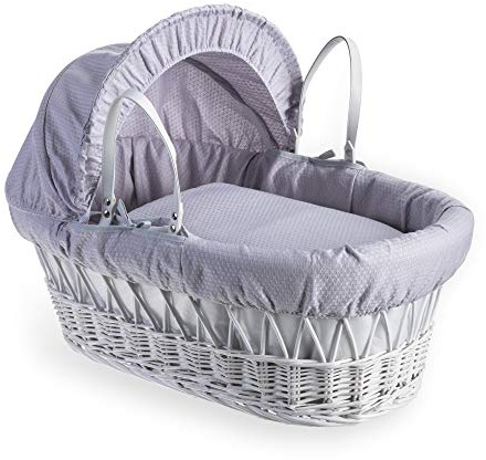 Clair de Lune Cotton Dream Weidenkörbchen mit Bettwäsche, inkl. Matratze, Kapuze, gepolstertem Innenfutter, Decke, in Großbritannien hergestellt, Grau