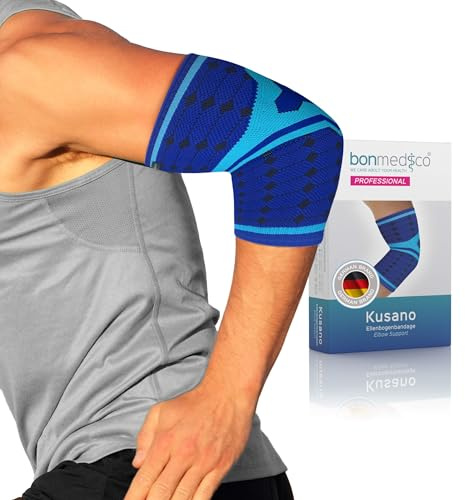 bonmedico Ellenbogenbandage Tennisarm – Kompressions Ellbogenschoner für Damen und Herren – Atmungsaktive Armbandage für Sport Fitness Alltag – Blau XXL 1 Stück