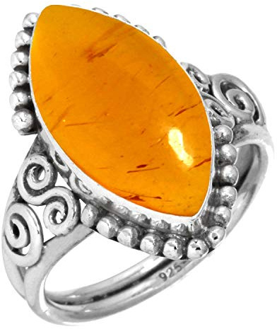 Jeweloporium Anillo de plata con ámbar naranja, talla 22,5, anillo de plata de ley 925 para mujer, piedra marquesa, joyería artesanal.