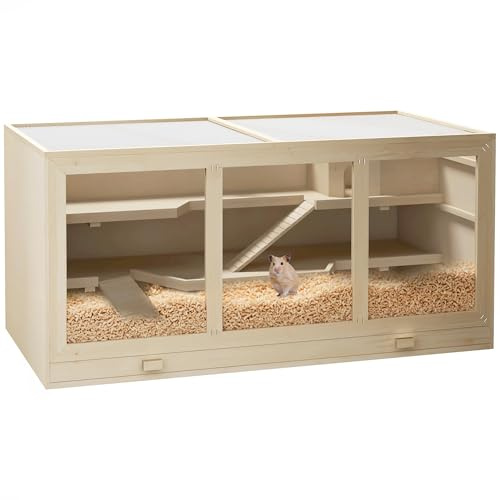 PawHut 45 Extra Large Wooden Hamster Cage, 3-Layer Rat Cage with Opening Roof, PVC Window, Small Animal Habitat for Gerbil, Dwarf & Syrian Hamsters, Natural