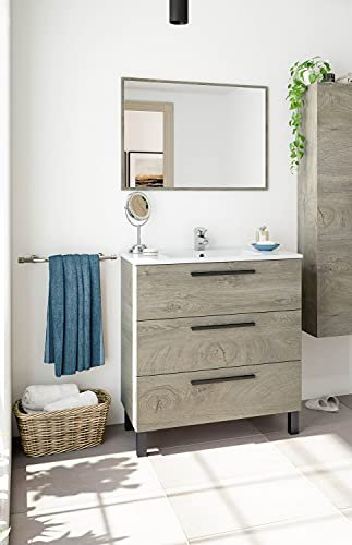Dmora Mobile sottolavabo Palmdale, Mobiletto per Bagno, Armadio a 3 cassetti e Specchio, lavabo Non Incluso, 80x45h86 cm, Quercia