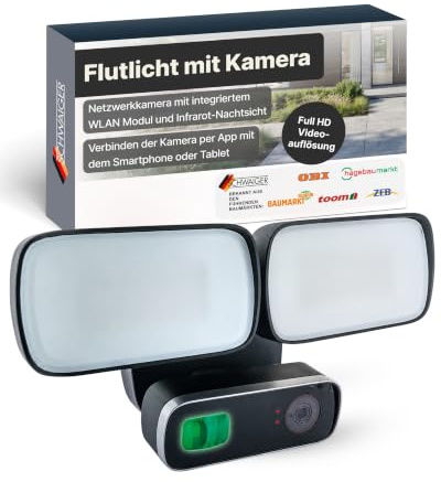 SCHWAIGER Überwachungskamera mit Flutlicht I Kamera mit Bewegungsmelder | 5-in-1 Sicherheitskamera mit Alarmsirene, Infrarot-Nachtsicht & Gegensprechfunktion I Full HD WLAN Kamera mit LED-Strahler