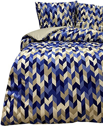 Leonado Vicenti Satin Bettwäsche Baumwolle 135x200 cm 80x80 cm Wendebettwäsche Blau Beige 2 TLG