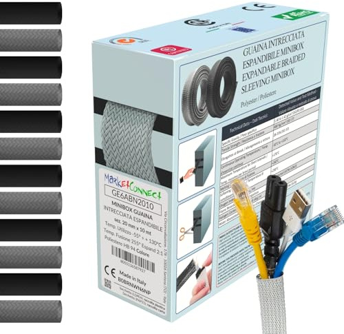 MarketConnect® Guaina Cavi Espandibile Ø 10mm, L 10mt • Raccogli e Nascondi Cavi • Ideale per Scrivania e TV • GRIGIO • MINIBOX