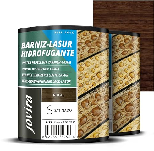 JOVIRA PINTURAS BARNIZ-LASUR Hidrofugante Protector Satinado al Agua. Protege, decora y embellece todo tipo de madera con efecto perlado. (2x750 Mililitros, Nogal) E-30