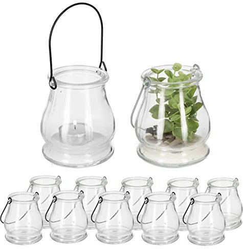 Relaxdays Windlicht, 12er Set, Glas, Silberne & Schwarze Henkel, innen & außen, Teelichthalter, 10 x 8,5 cm, transparent