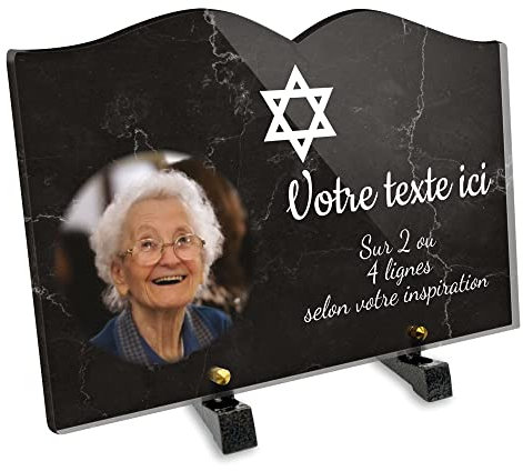 OCAP-FUNERAIRE.COM Plaque funéraire Livre avec Photo Personnalisable en plexi Motif Croix Juive, différentes Tailles, épaisseur 6mm, personnalisée sur Plusieurs Lignes 30x20 cm
