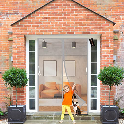 Magnet Fliegengitter Tür Grau 180x210cm Magnet Insektenschutz Tür Moskitonetz Fliegenvorhang HäNde Frei für Balkontür Wohnzimmer Terrassentür Klebemontage Ohne Bohren