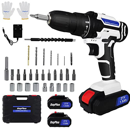 21V Cordless Power Drill Set,Impact Drill Screwdriver with 2 Speed,25+1 Torque 3/8 Keyless Chuck Driver,Electric Drill with LED Light,2×1.5AH Li-ion Batteries,Fast Charger,26 Accessories,1 Kitbox
