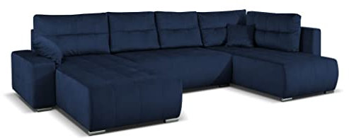 MargaretHadas24 Ecksofa U-Form Mediolan V mit Schlaffunktion und Bettkasten Wohnlandschaft Kissen, 358 cm Wohnzimmer Arbeitszimmer Sofa XXL (Kronos 09 - blau)
