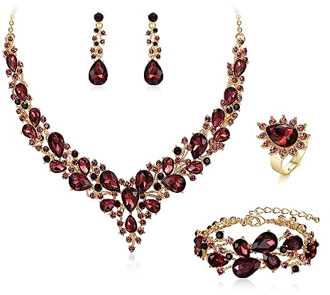 BriLove Wedding Crystal Teardrop Cluster Necklace Earrings Bracelet Adjustable Ring 4Pcs Jewelry Set for Women Bride Party Costume Accessories Deep Amethyst Color