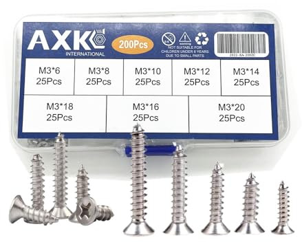 AXK 200pcs/set Countersunk Flat Head Tapping Screws with Cross recessed M3 Screws Philips Screw Stainless Steel Wood Screws