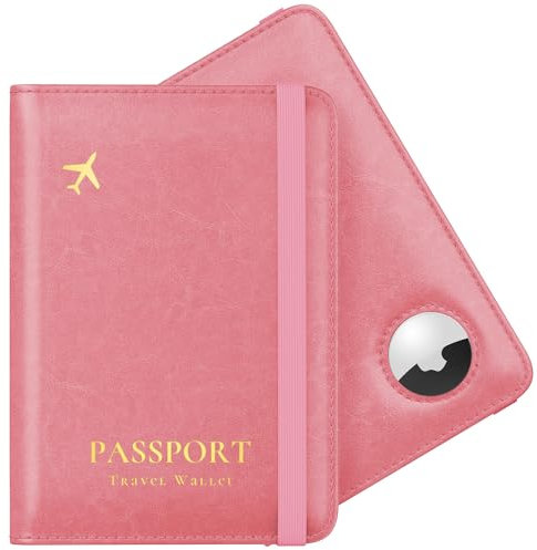Stouchi Passport Holder Airtag Wallet UK Passport Cover Protector PU Leather Travel Wallet Case Organiser Document Holder for Men&Women Passport,Business Cards,Boarding Passe(Pink)