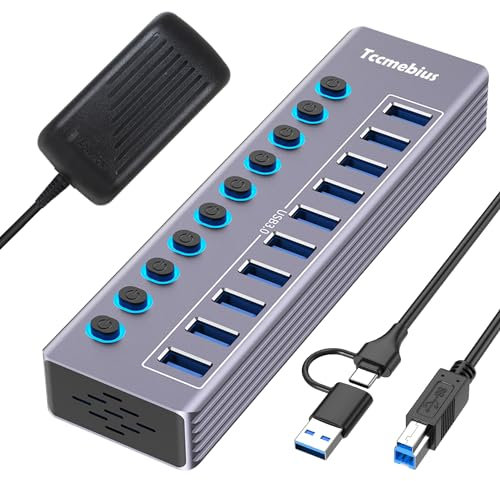 Tccmebius Hub USB 3.0 Alimentato, USB 3.0 / USB C a 10 Porte in Alluminio Trasmissione Dati 5Gbps, con Interruttore Indipendente LED, Adattatore di Alimentazione 12V/3A, 2-in-1 Cavo Dati(TCC-T310U)